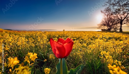 A Vibrant Red Tulip Stands Out Amidst A Field Of Yellow Wildflowers
