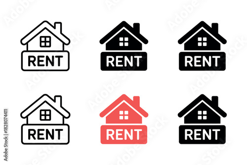A collection of stylized house icons with the word RENT displayed on a sign.
