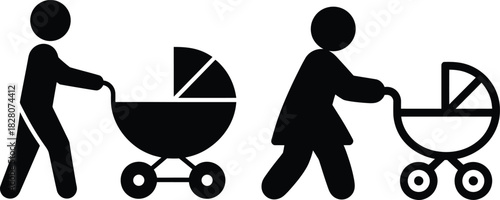Male and female parents walking and pushing baby strollers icon