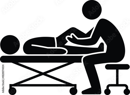 Physical therapy session, stick figure giving leg massage icon