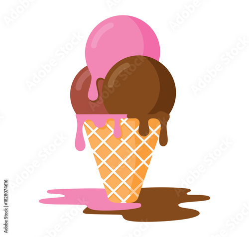 A melting ice cream cone with scoops of pink and chocolate flavors drips onto a white background.