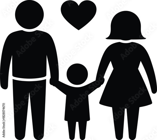 Family icon with parents and child holding hands, love symbol