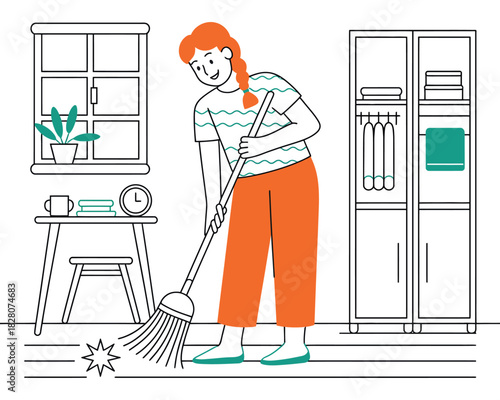 A woman is sweeping the floor with a broom in a room.