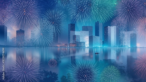 City skyline glows with fireworks reflections over water, celebrating new year with vibrant display and festive atmosphere