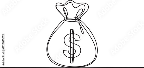 Continuous one line drawing of Money bag. Single line drawing illustration of Dollar money bag storage. one line Icon drawing