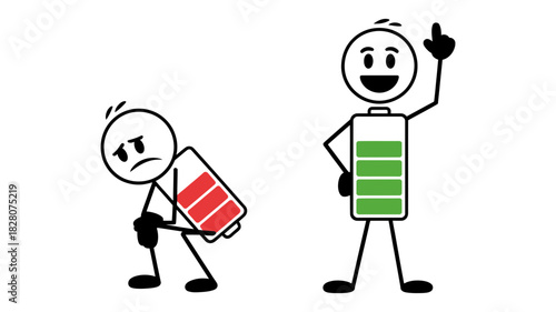 Low energy sad stickman with red empty battery contrasted with energetic happy stickman holding full green battery, illustrating power and vitality levels