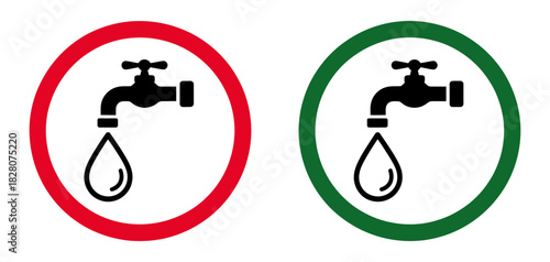 Water tap icons showing availability and conservation status with red circle for off or restricted and green for on or accessible.