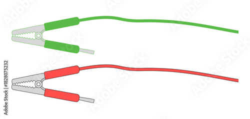 Pair of electrical alligator clips with red and green wires, essential tools for temporary circuit connections, testing, and diy electronics work.
