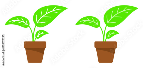 Minimalist flat design vector illustration of two small green potted plants with vibrant leaves in brown terracotta pots, symbolizing growth, nature, and new beginnings.