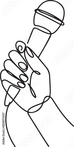 Continuous one line drawing of Hand holding microphone. Single line drawing illustration of for Microphone interview. one line Icon drawing