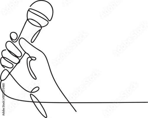 Continuous one line drawing of Hand holding microphone. Single line drawing illustration of for Microphone interview. one line Icon drawing