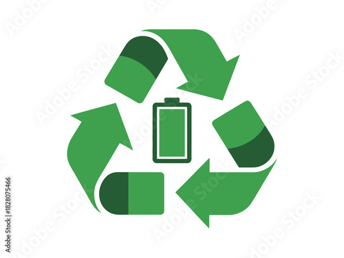 Recycling symbol with a battery icon in the center represents battery recycling and sustainability.