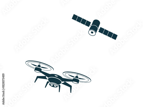 A drone flies in orbit near a satellite in outer space.
