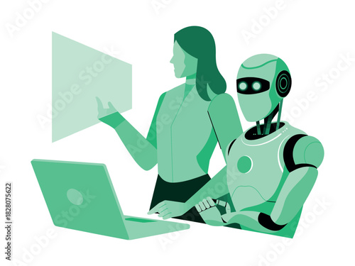 A person and a robot work together on a laptop and a digital screen.