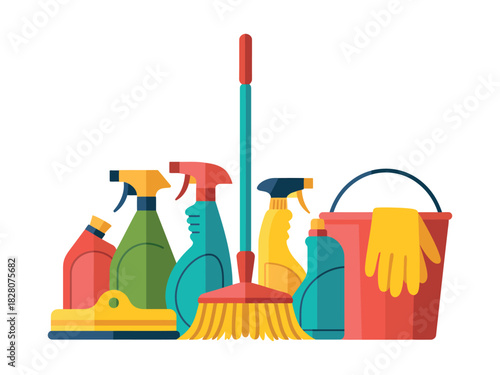 Illustration of cleaning supplies on a white background flat