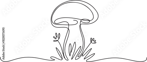 Continuous one line drawing of Mushroom. Single line drawing illustration of Mushroom growing on field. Mushroom in nature concept vector art. one line Icon drawing