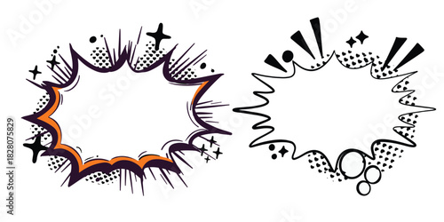 Two comic speech bubbles with halftone and starburst effects vector illustration for graphic design isolated on white background