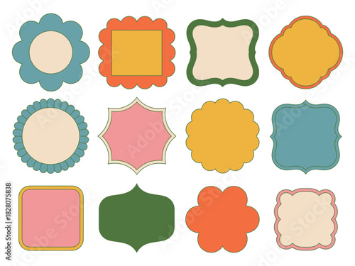 Assorted colorful retro style label shapes on white background