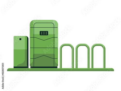 A modern green bicycle parking station with a payment kiosk and racks.