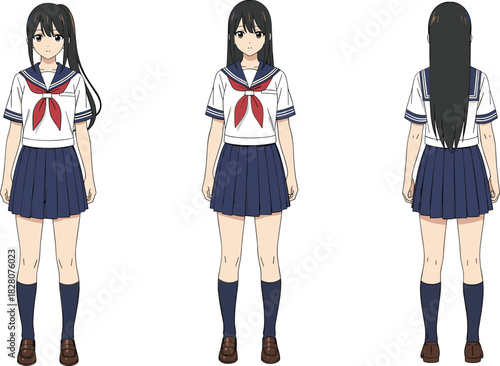 Anime style Japanese schoolgirl character sheet featuring front and back views, wearing traditional sailor uniform with red ribbon.