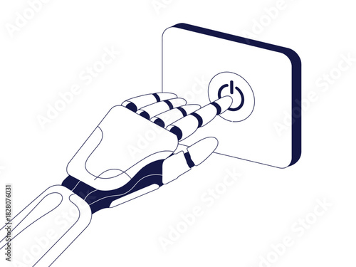 A robotic hand presses a power button on a futuristic interface.