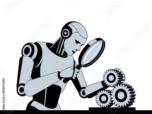 A robot examines gears with a magnifying glass, symbolizing innovation and precision engineering.