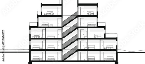 Architectural section drawing of a multi-story residential building, showing interior layout with central staircase and bedrooms, black and white vector.