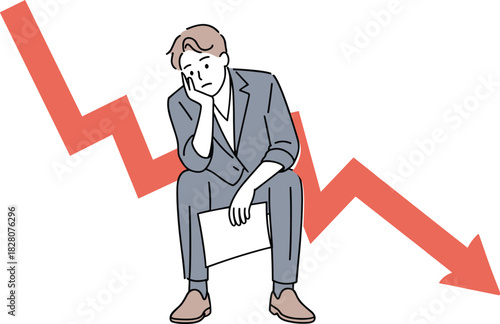 Business loss, financial decline, economic downturn concept, person stressed, money crisis, profit drop, crisis paper, corporate failure, recession symbol