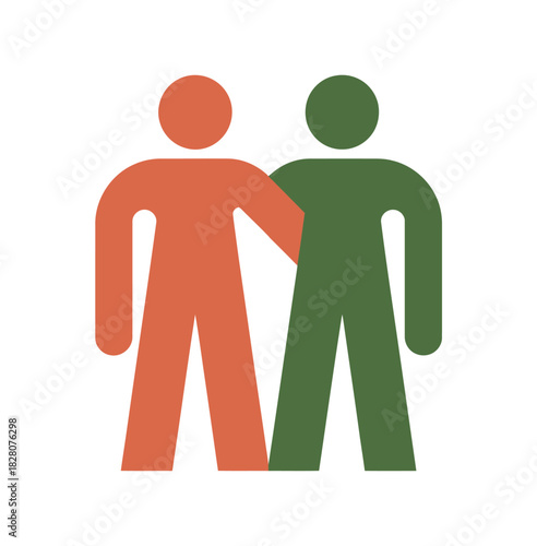 Two abstract figures standing together in orange and green