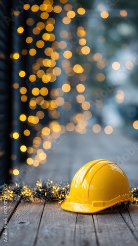 Minimalistic christmas scene with yellow helmet and festive lights for creative holiday decor
