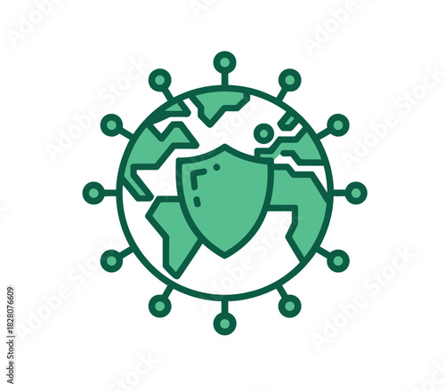 Global protection from a pandemic virus is illustrated with a shield on a stylized Earth.