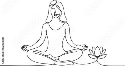 Continuous one line drawing of Young Woman doing yoga with lotus flower. Single line drawing illustration of Woman doing yoga. one line Icon drawing
