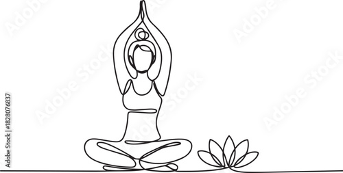 Continuous one line drawing of Young Woman doing yoga with lotus flower. Single line drawing illustration of Woman doing yoga. one line Icon drawing