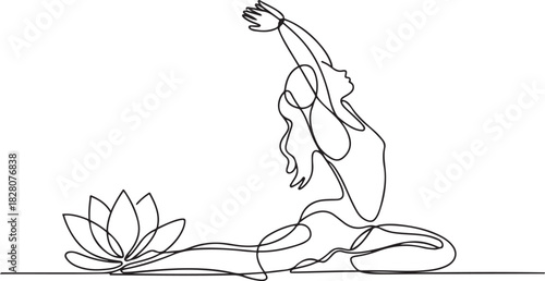 Continuous one line drawing of Young Woman doing yoga with lotus flower. Single line drawing illustration of Woman doing yoga. one line Icon drawing