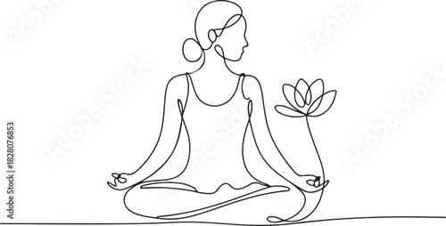Continuous one line drawing of Young Woman doing yoga with lotus flower. Single line drawing illustration of Woman doing yoga. one line Icon drawing