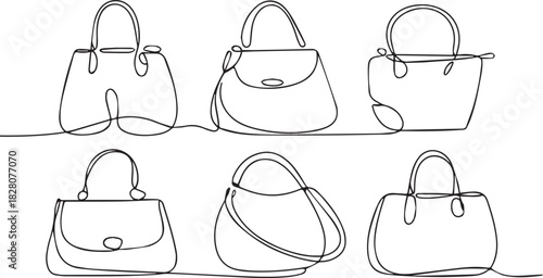 Continuous one line drawing of Women's handbags. Single line drawing illustration of HandBags. Fashionable style concept vector art. one line Icon drawing