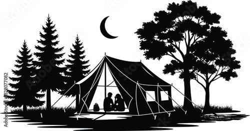 Camping night silhouette illustration featuring a couple inside a tent, pine trees, nature landscape, and crescent moon vector.