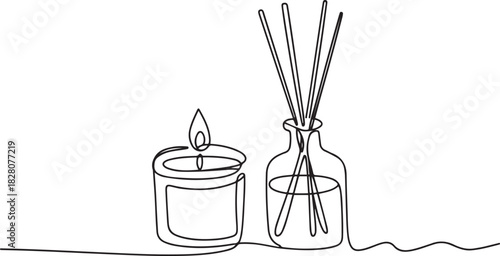 Continuous one line drawing of Candle and Reed Diffuser Oil. Single line drawing illustration of Reed diffuser bottle. one line Icon drawing