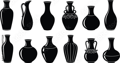 Ceramic vase and pottery jug silhouette collection, black vector jar set containing antique greek urns and modern vessels, isolated.