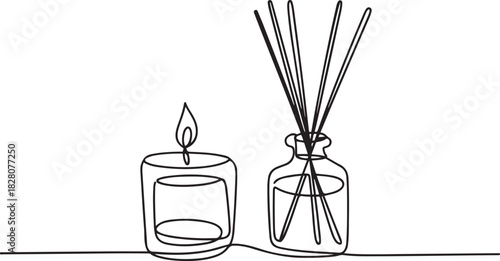 Continuous one line drawing of Candle and Reed Diffuser Oil. Single line drawing illustration of Reed diffuser bottle. one line Icon drawing