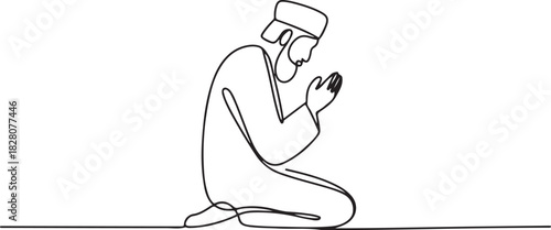 Continuous one line drawing of muslims prayer. Single line drawing illustration of Muslim person sitting and praying. one line Icon drawing
