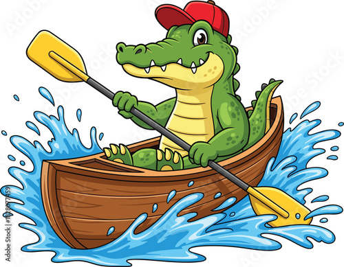 Cartoon crocodile paddling canoe — playful adventure character in animated water scene, perfect for kids’ nature, sports, and outdoor themes