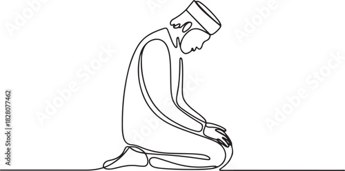 Continuous one line drawing of muslims prayer. Single line drawing illustration of Muslim person sitting and praying. one line Icon drawing