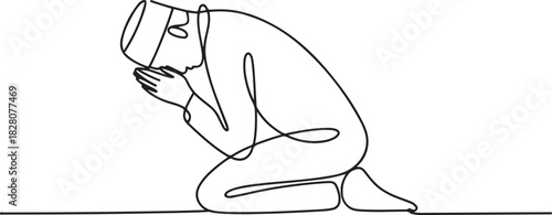 Continuous one line drawing of muslims prayer. Single line drawing illustration of Muslim person sitting and praying. one line Icon drawing