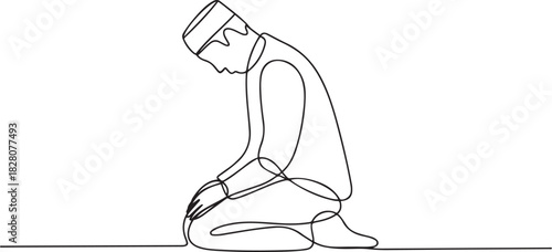 Continuous one line drawing of muslims prayer. Single line drawing illustration of Muslim person sitting and praying. one line Icon drawing