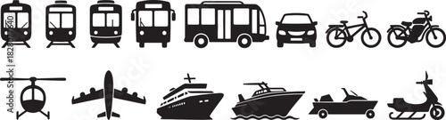Transportation Icons Set - Car, Boat, Plane, Bike, Bus, Scooter | Travel and Logistics Graphics