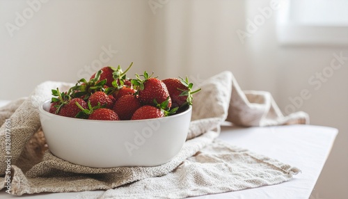 Wallpaper Mural 白い器に盛られた苺と自然光の静物（コピースペースあり・4Kリアリスティック・季節の）  
Strawberries in White Bowl with Natural Light Still Life (Copy Space・4K Realistic・Seasonal)
 Torontodigital.ca