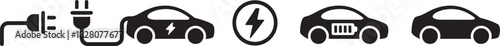 Electric Car Charging Icon Set | EV Plug, Charger Symbol, and Car Battery for Automotive Industry