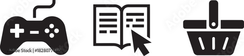 Gamepad, Online Manual with Cursor, and Shopping Cart Icons | Vector E-commerce Symbols
