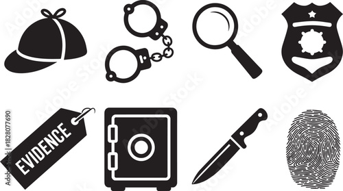Detective Investigation Icons Set: Hat, Handcuffs, Magnifying Glass, Badge | Crime Investigation